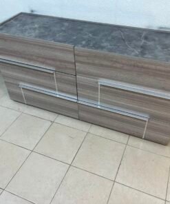 This is a Home Centre Warner 6-Drawer Dresser featuring a caramel walnut and beige finish with a marble-effect top. - Image 14