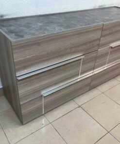 This is a Home Centre Warner 6-Drawer Dresser featuring a caramel walnut and beige finish with a marble-effect top. - Image 13