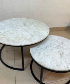 A set of nesting coffee tables (interlocking coffee tables) consisting of two pieces with a white marble top and a metal base. - Image 3
