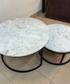 A set of nesting coffee tables (interlocking coffee tables) consisting of two pieces with a white marble top and a metal base. - Image 4