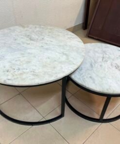 A set of nesting coffee tables (interlocking coffee tables) consisting of two pieces with a white marble top and a metal base. - Image 5