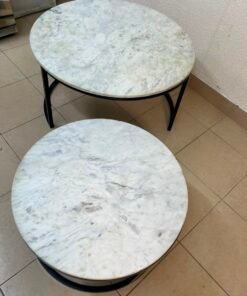 A set of nesting coffee tables (interlocking coffee tables) consisting of two pieces with a white marble top and a metal base. - Image 9