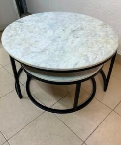 A set of nesting coffee tables (interlocking coffee tables) consisting of two pieces with a white marble top and a metal base. - Image 8