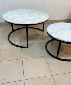 A set of nesting coffee tables (interlocking coffee tables) consisting of two pieces with a white marble top and a metal base. - Image 6