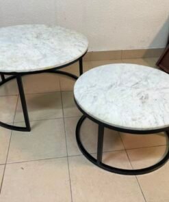 A set of nesting coffee tables (interlocking coffee tables) consisting of two pieces with a white marble top and a metal base. - Image 7