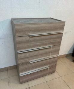 The Warner Chest of 5-Drawers from Homecentre features a beige and caramel walnut finish with distinct long metallic handles. - Image 3