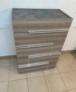 The Warner Chest of 5-Drawers from Homecentre features a beige and caramel walnut finish with distinct long metallic handles. - Image 5