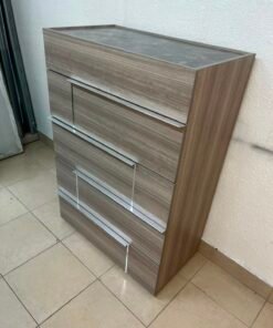 The Warner Chest of 5-Drawers from Homecentre features a beige and caramel walnut finish with distinct long metallic handles. - Image 6