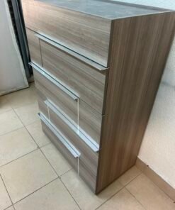 The Warner Chest of 5-Drawers from Homecentre features a beige and caramel walnut finish with distinct long metallic handles. - Image 14