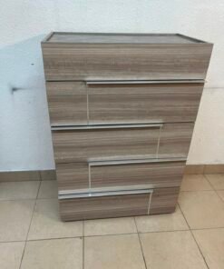 The Warner Chest of 5-Drawers from Homecentre features a beige and caramel walnut finish with distinct long metallic handles. - Image 15