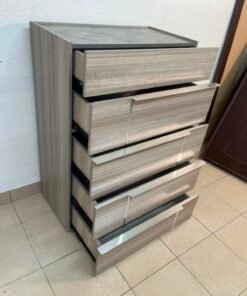 The Warner Chest of 5-Drawers from Homecentre features a beige and caramel walnut finish with distinct long metallic handles. - Image 10