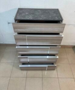 The Warner Chest of 5-Drawers from Homecentre features a beige and caramel walnut finish with distinct long metallic handles. - Image 7