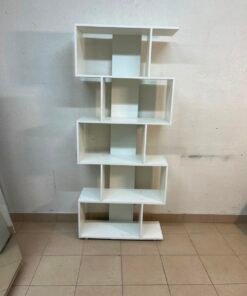 This white 5-tier geometric S-shaped bookshelf functions as an open display rack or room divider. - Image 13