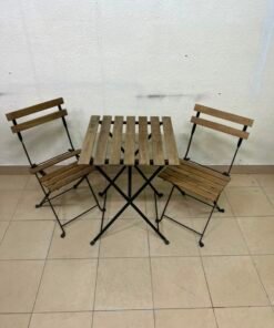 3-Piece Folding Outdoor Bistro Set – Wood Slat Table & 2 Chairs with Black Metal Frames for Patio, Balcony & Garden - Image 2