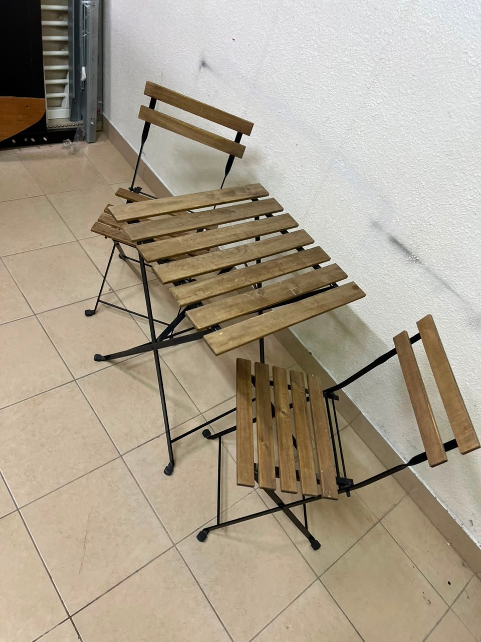 3-Piece Folding Outdoor Bistro Set – Wood Slat Table & 2 Chairs with Black Metal Frames for Patio, Balcony & Garden - Image 3