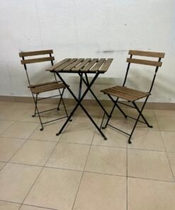 3-Piece Folding Outdoor Bistro Set – Wood Slat Table & 2 Chairs with Black Metal Frames for Patio, Balcony & Garden