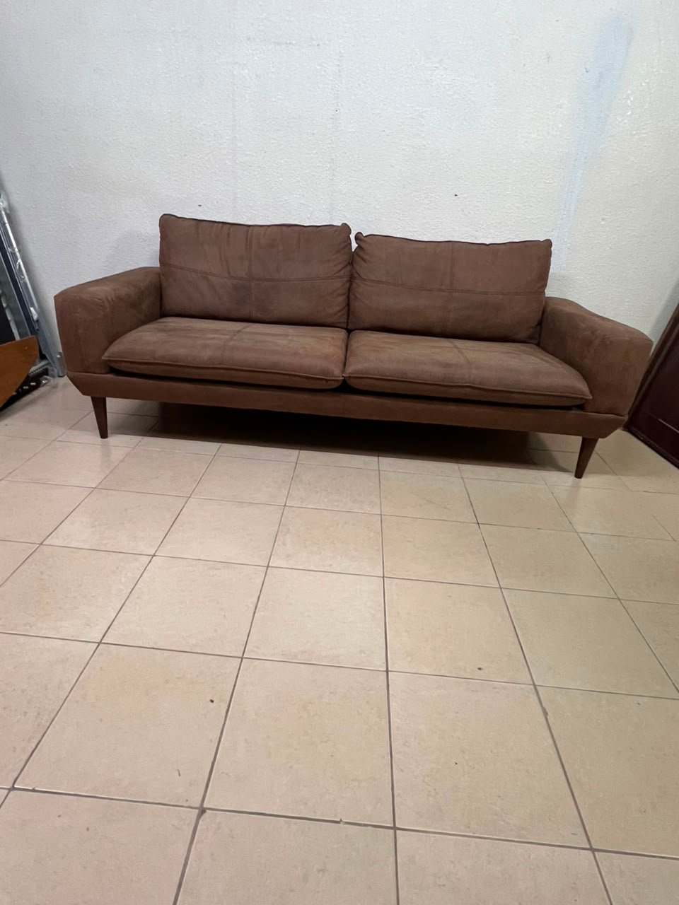 Mid-Century Modern Brown Faux Suede Sofa – 2-Seater Loveseat with Tapered Wood Legs, Split Cushions & Minimalist Design - Image 2