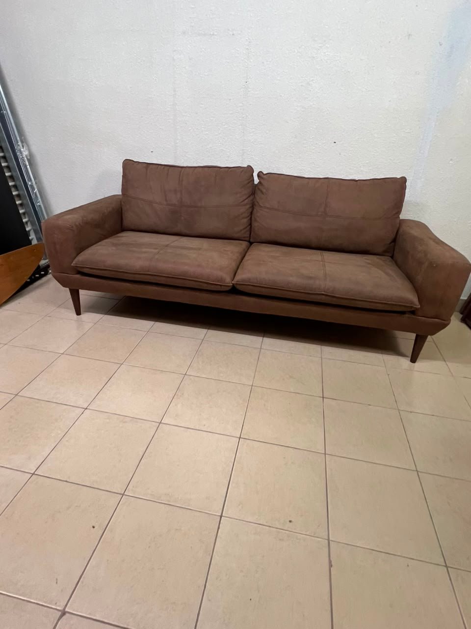 Mid-Century Modern Brown Faux Suede Sofa – 2-Seater Loveseat with Tapered Wood Legs, Split Cushions & Minimalist Design - Image 3