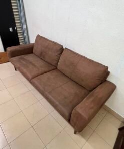 Mid-Century Modern Brown Faux Suede Sofa – 2-Seater Loveseat with Tapered Wood Legs, Split Cushions & Minimalist Design - Image 4