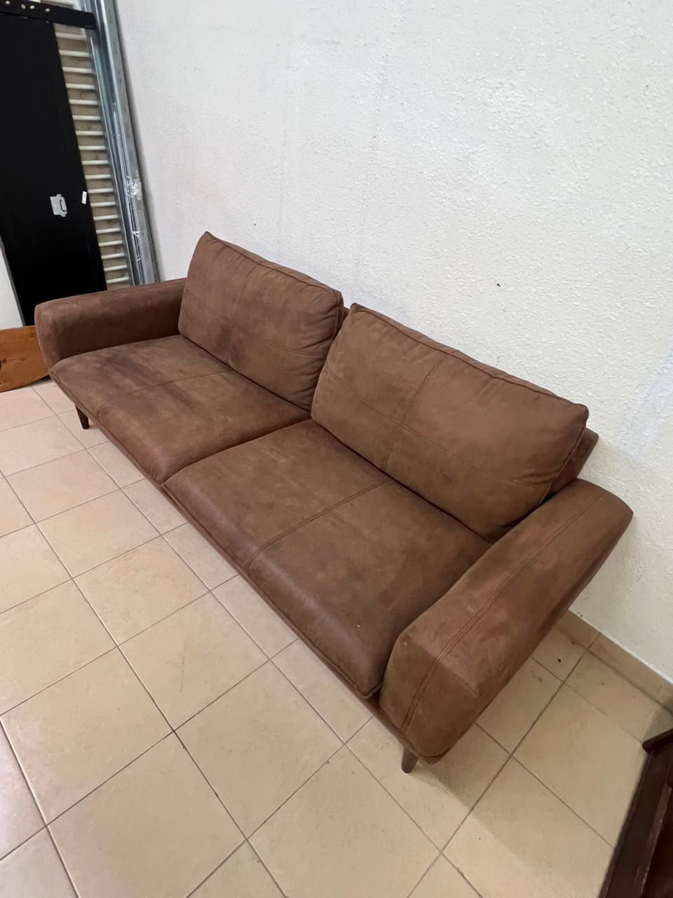 Mid-Century Modern Brown Faux Suede Sofa – 2-Seater Loveseat with Tapered Wood Legs, Split Cushions & Minimalist Design - Image 4