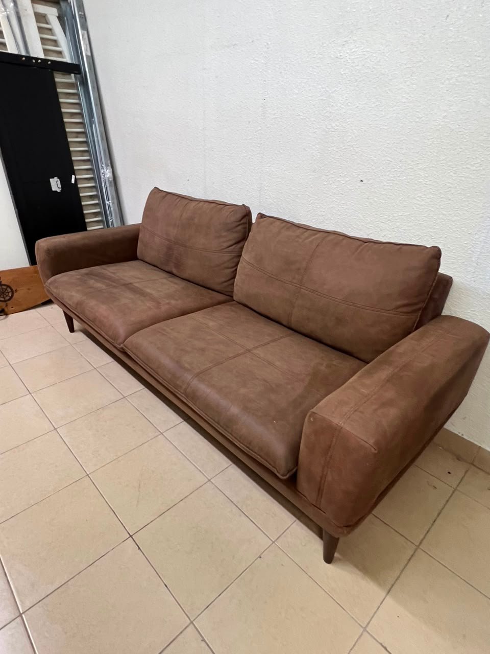 Mid-Century Modern Brown Faux Suede Sofa – 2-Seater Loveseat with Tapered Wood Legs, Split Cushions & Minimalist Design - Image 5