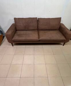 Mid-Century Modern Brown Faux Suede Sofa – 2-Seater Loveseat with Tapered Wood Legs, Split Cushions & Minimalist Design - Image 6