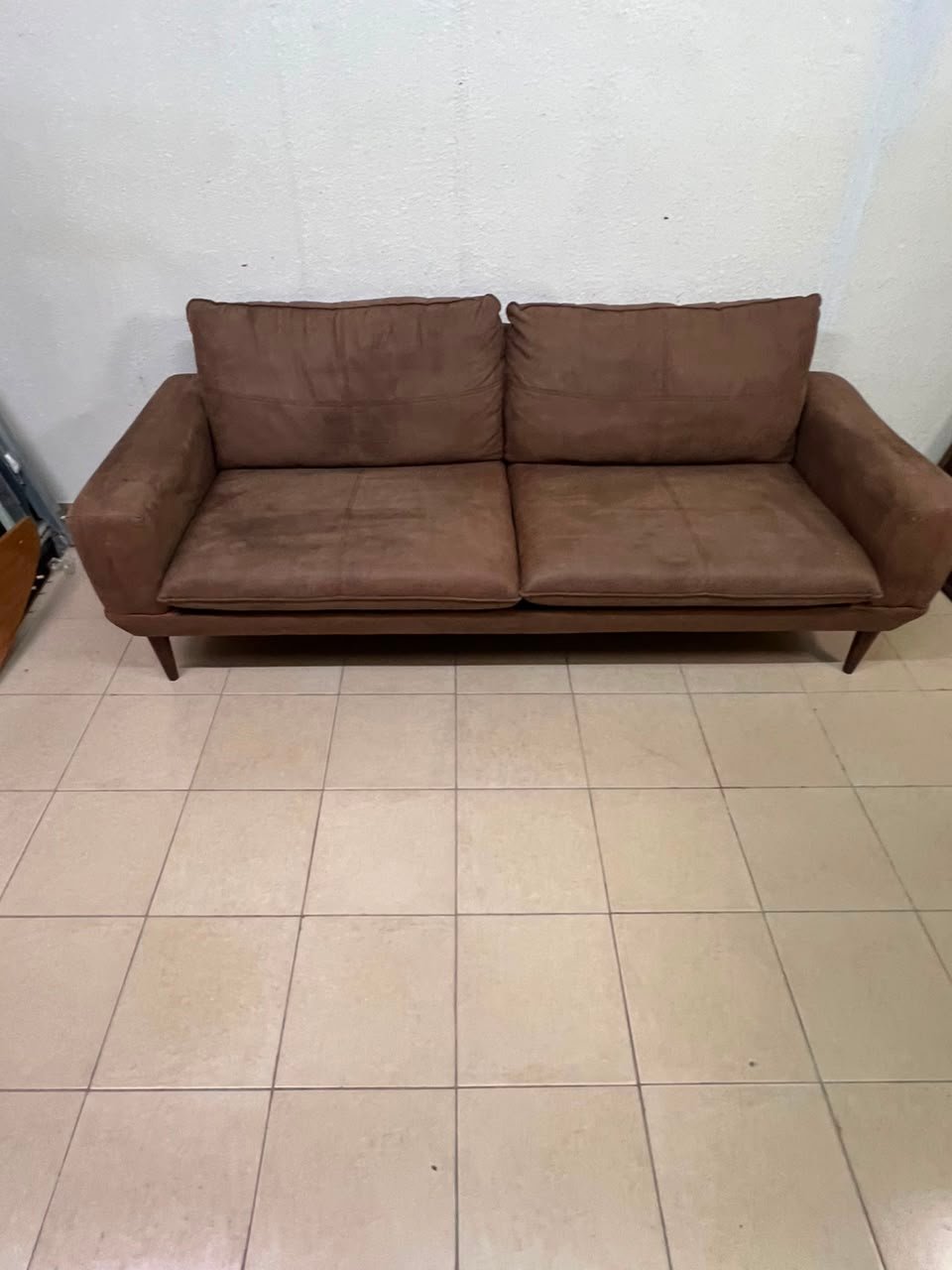 Mid-Century Modern Brown Faux Suede Sofa – 2-Seater Loveseat with Tapered Wood Legs, Split Cushions & Minimalist Design - Image 6
