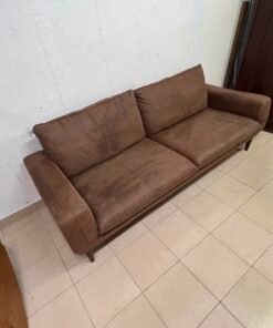 Mid-Century Modern Brown Faux Suede Sofa – 2-Seater Loveseat with Tapered Wood Legs, Split Cushions & Minimalist Design - Image 7