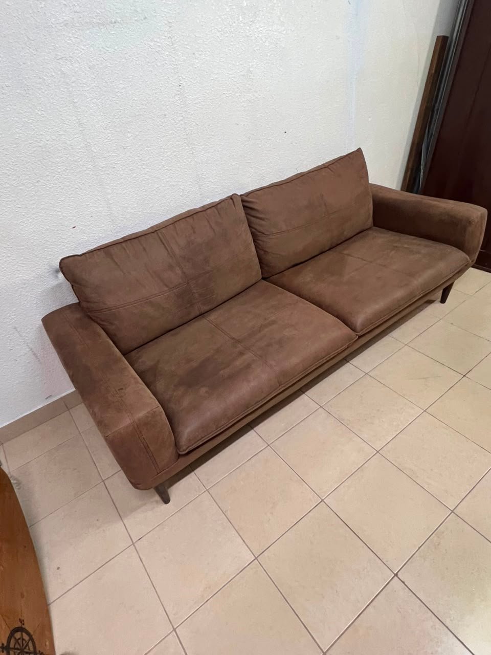 Mid-Century Modern Brown Faux Suede Sofa – 2-Seater Loveseat with Tapered Wood Legs, Split Cushions & Minimalist Design - Image 7