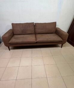 Mid-Century Modern Brown Faux Suede Sofa – 2-Seater Loveseat with Tapered Wood Legs, Split Cushions & Minimalist Design