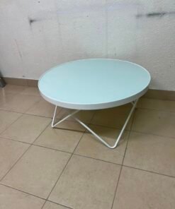 Modern White Round Coffee Table – Minimalist Accent Table with X-Cross Tubular Metal Frame & Sleek Rim