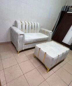 Luxurious White Velvet Loveseat & Ottoman Set – Art Deco Style Sofa with Gold Vertical Metal Accents & Gold Legs - Image 6