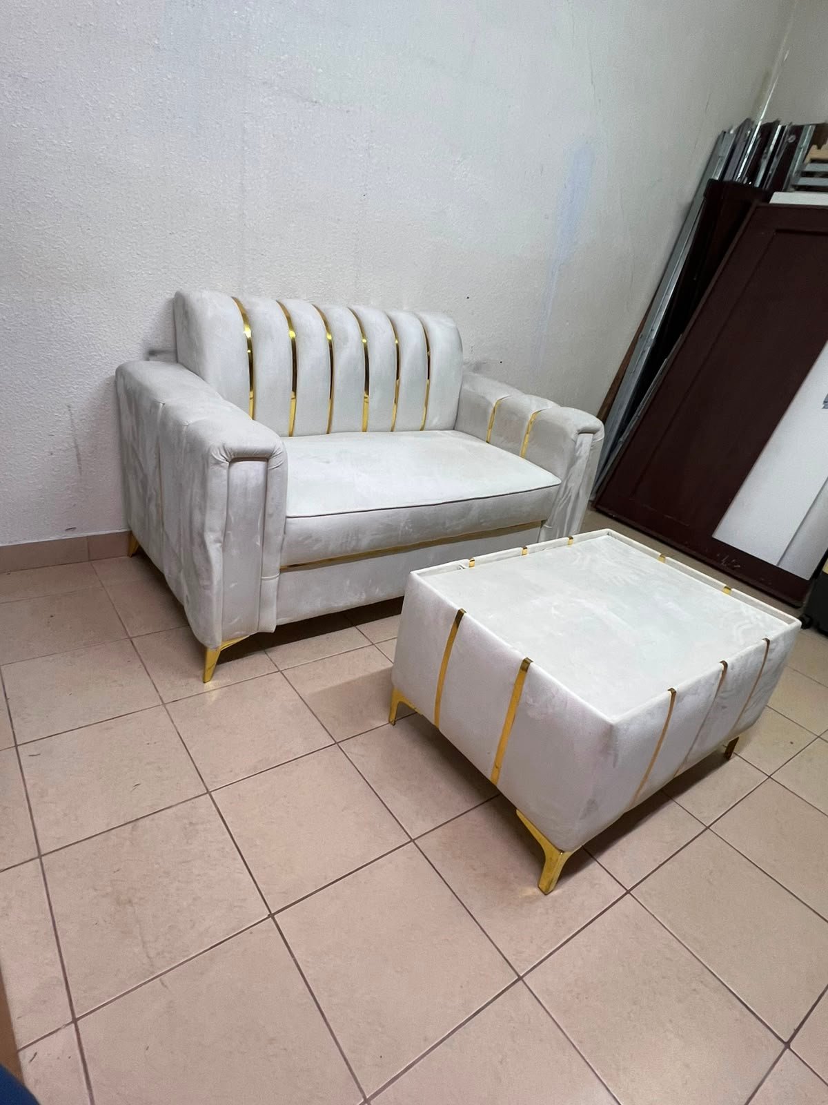 Luxurious White Velvet Loveseat & Ottoman Set – Art Deco Style Sofa with Gold Vertical Metal Accents & Gold Legs - Image 6