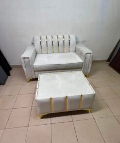 Luxurious White Velvet Loveseat & Ottoman Set – Art Deco Style Sofa with Gold Vertical Metal Accents & Gold Legs - Image 7