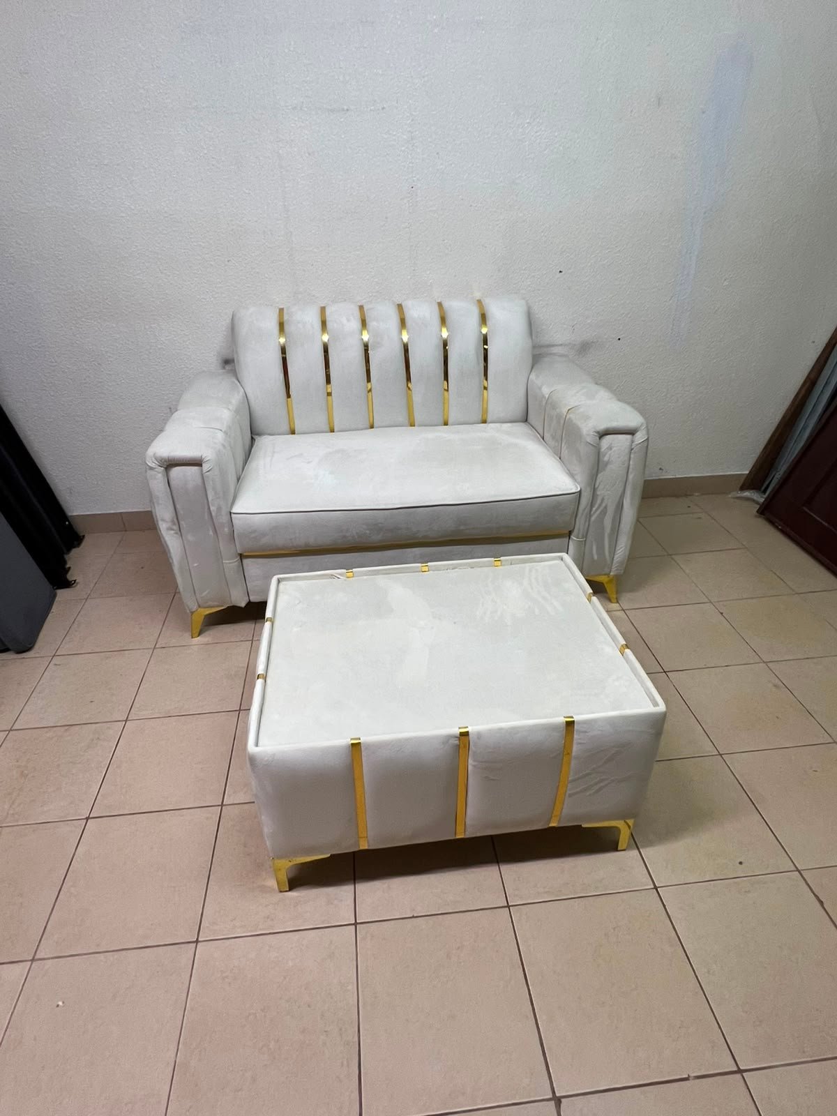 Luxurious White Velvet Loveseat & Ottoman Set – Art Deco Style Sofa with Gold Vertical Metal Accents & Gold Legs - Image 7