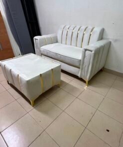 Luxurious White Velvet Loveseat & Ottoman Set – Art Deco Style Sofa with Gold Vertical Metal Accents & Gold Legs - Image 8