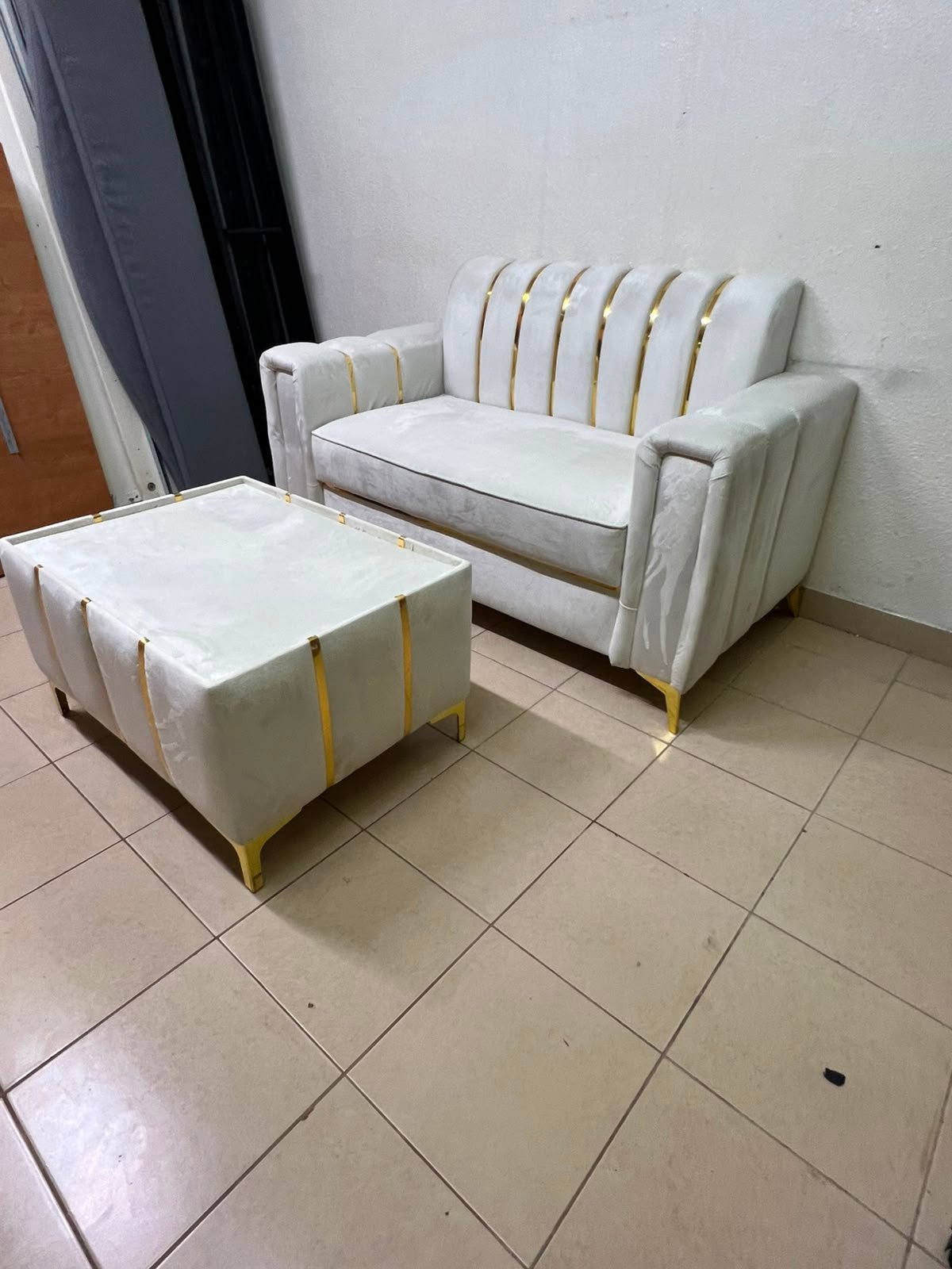 Luxurious White Velvet Loveseat & Ottoman Set – Art Deco Style Sofa with Gold Vertical Metal Accents & Gold Legs - Image 8