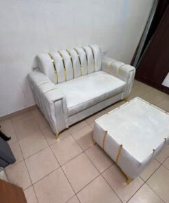 Luxurious White Velvet Loveseat & Ottoman Set – Art Deco Style Sofa with Gold Vertical Metal Accents & Gold Legs - Image 9