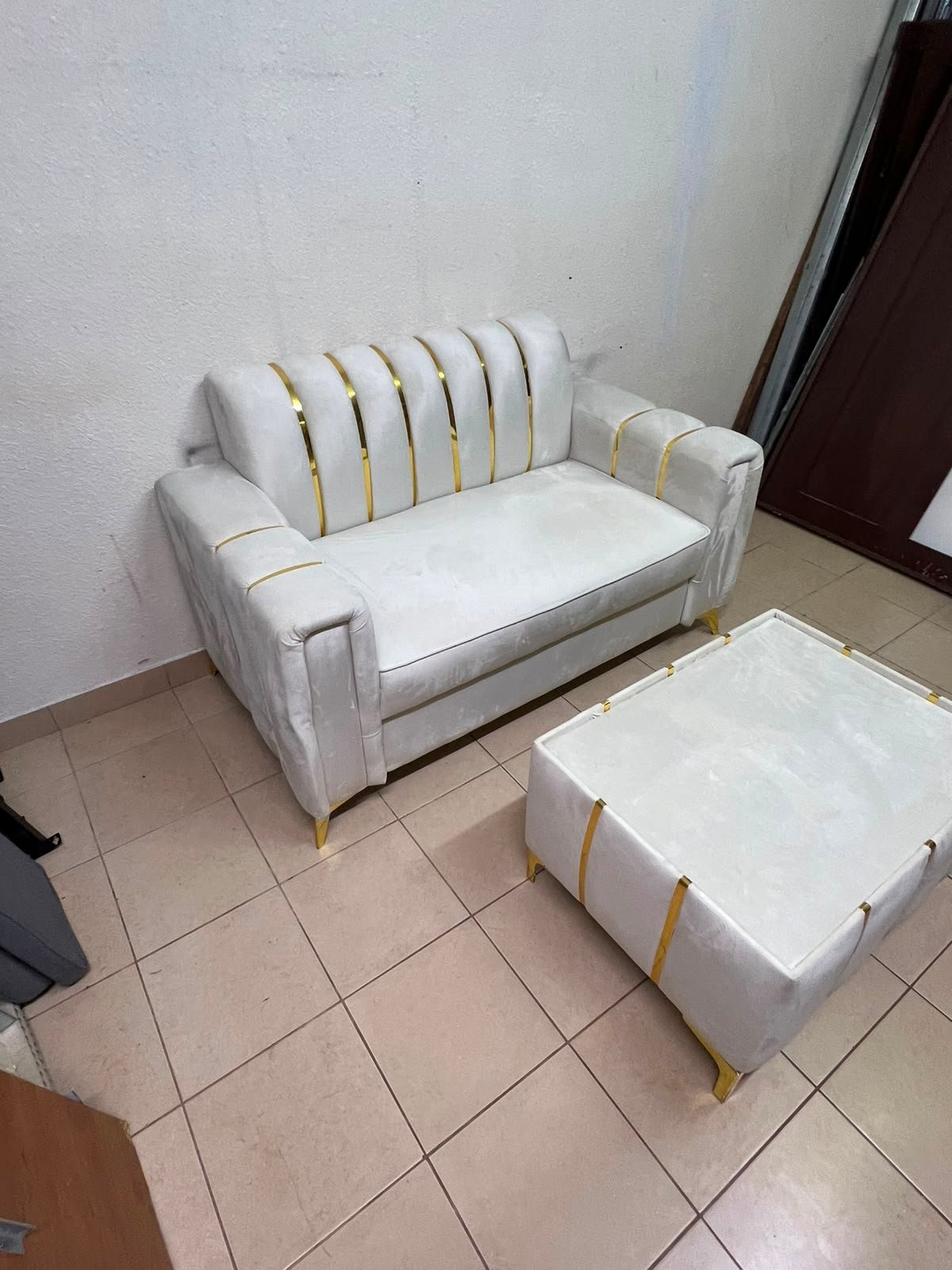 Luxurious White Velvet Loveseat & Ottoman Set – Art Deco Style Sofa with Gold Vertical Metal Accents & Gold Legs - Image 9