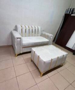 Luxurious White Velvet Loveseat & Ottoman Set – Art Deco Style Sofa with Gold Vertical Metal Accents & Gold Legs - Image 10