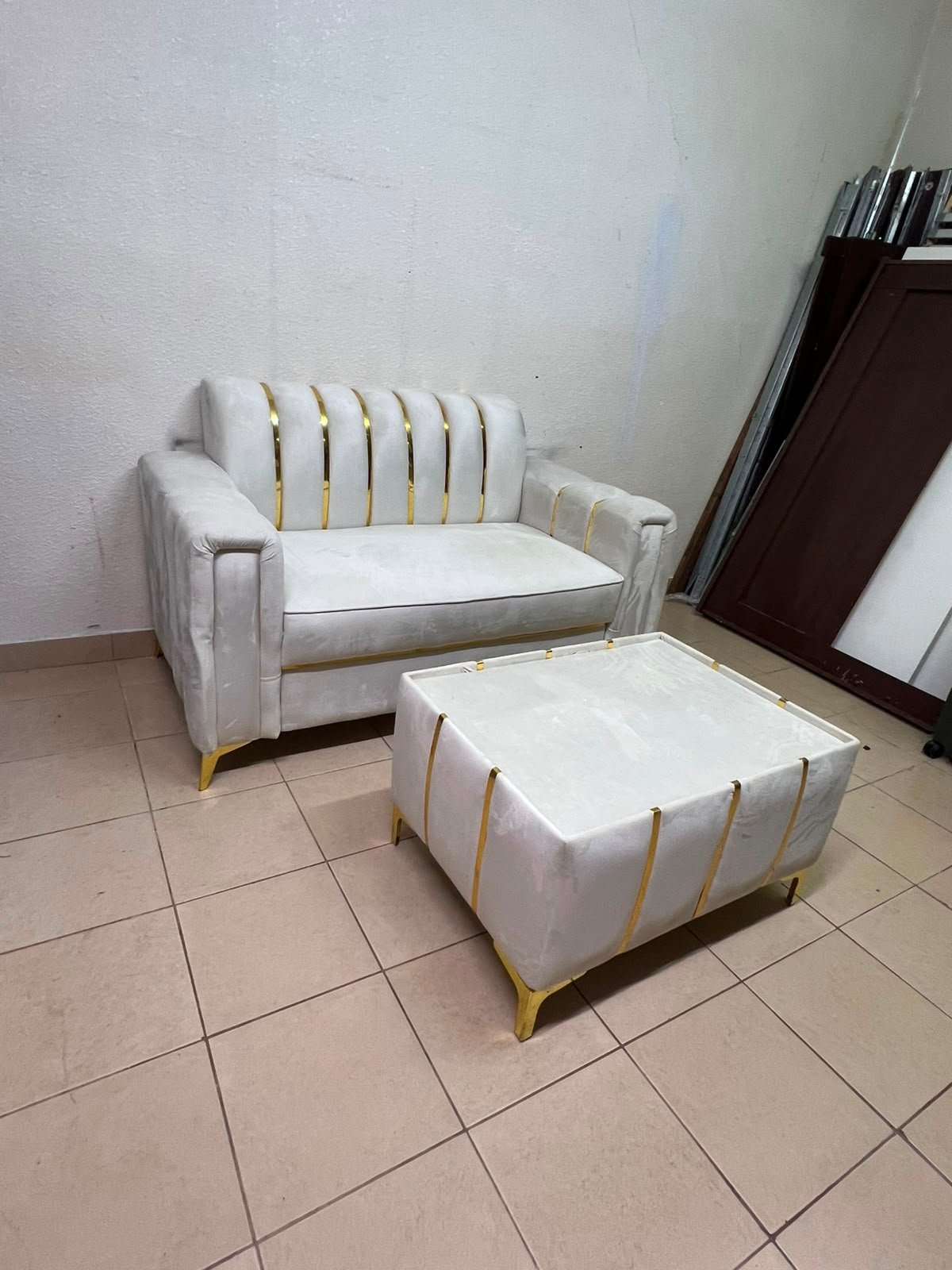 Luxurious White Velvet Loveseat & Ottoman Set – Art Deco Style Sofa with Gold Vertical Metal Accents & Gold Legs - Image 10