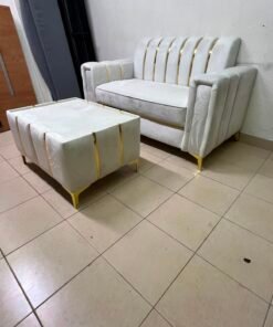 Luxurious White Velvet Loveseat & Ottoman Set – Art Deco Style Sofa with Gold Vertical Metal Accents & Gold Legs - Image 2