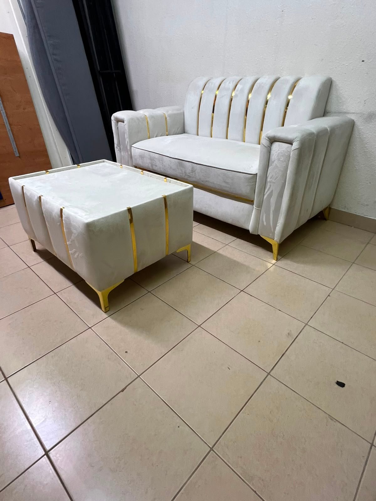 Luxurious White Velvet Loveseat & Ottoman Set – Art Deco Style Sofa with Gold Vertical Metal Accents & Gold Legs - Image 2