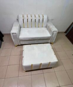 Luxurious White Velvet Loveseat & Ottoman Set – Art Deco Style Sofa with Gold Vertical Metal Accents & Gold Legs - Image 5