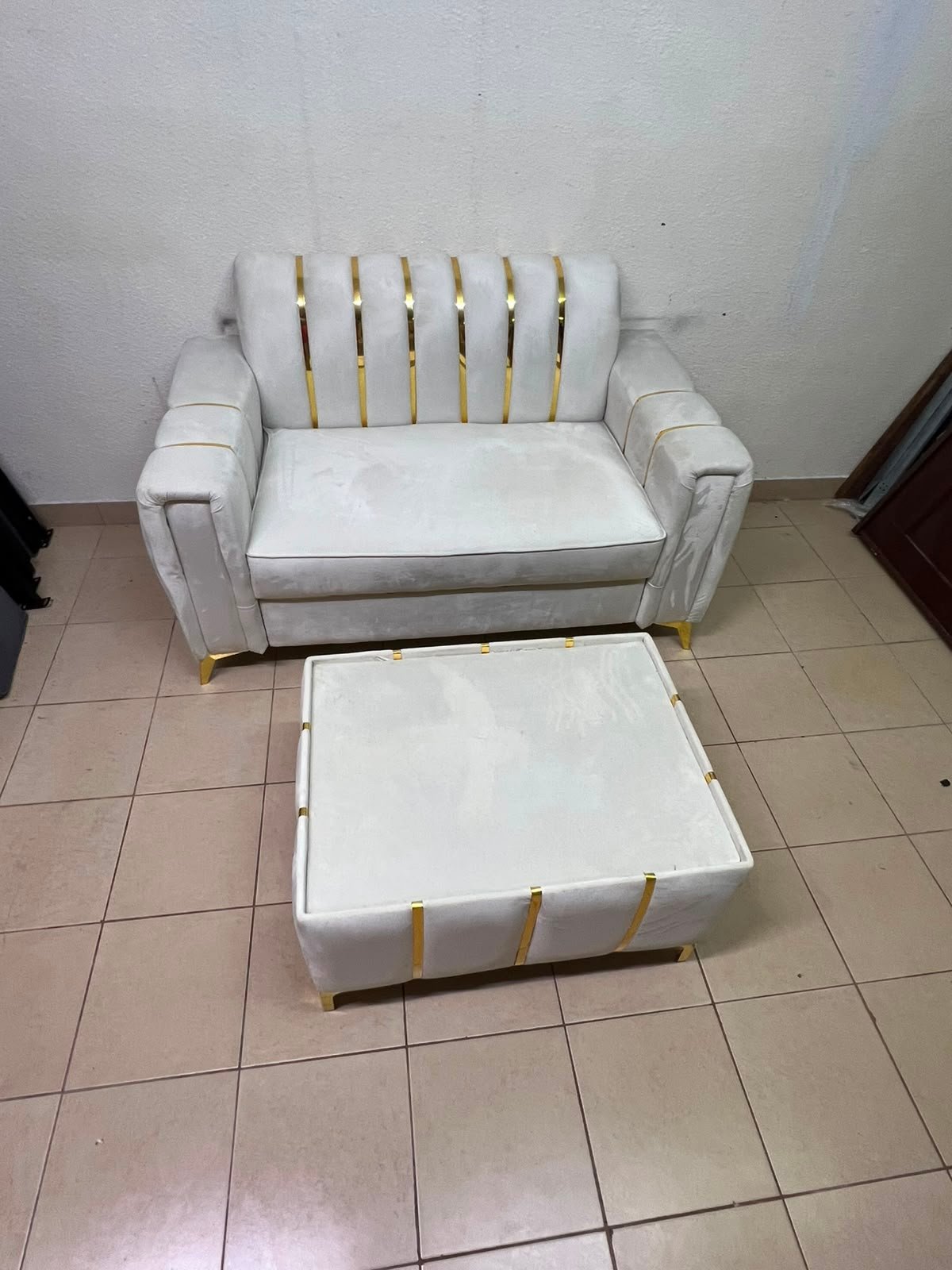 Luxurious White Velvet Loveseat & Ottoman Set – Art Deco Style Sofa with Gold Vertical Metal Accents & Gold Legs
