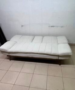 Mid-Century Modern Cream/Off-White Convertible Futon Sofa Bed – Vertical Tufted Backrest, Tapered Wood Legs & Removable Cup Holder Armrests - Image 3