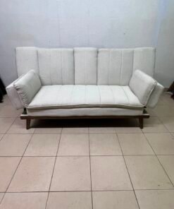 Mid-Century Modern Cream/Off-White Convertible Futon Sofa Bed – Vertical Tufted Backrest, Tapered Wood Legs & Removable Cup Holder Armrests - Image 4