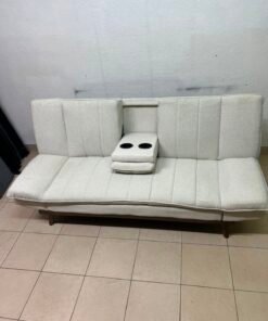 Mid-Century Modern Cream/Off-White Convertible Futon Sofa Bed – Vertical Tufted Backrest, Tapered Wood Legs & Removable Cup Holder Armrests - Image 5