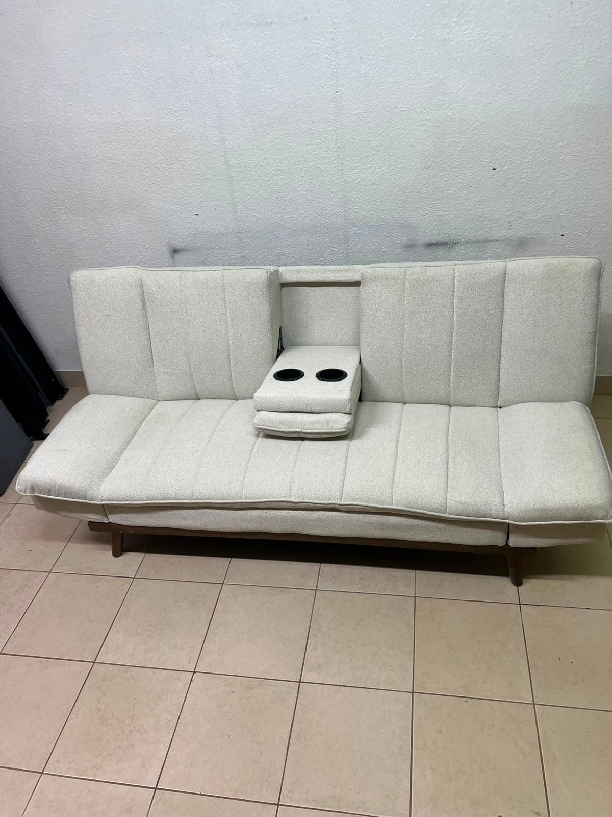 Mid-Century Modern Cream/Off-White Convertible Futon Sofa Bed – Vertical Tufted Backrest, Tapered Wood Legs & Removable Cup Holder Armrests - Image 5