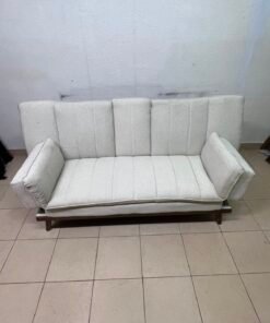 Mid-Century Modern Cream/Off-White Convertible Futon Sofa Bed – Vertical Tufted Backrest, Tapered Wood Legs & Removable Cup Holder Armrests - Image 6